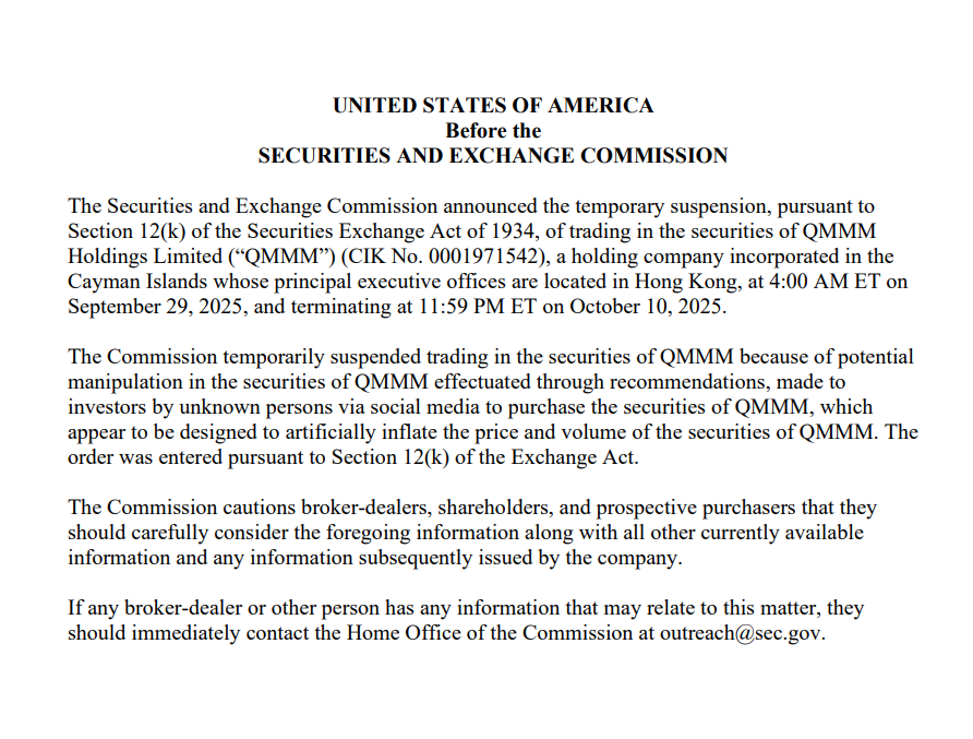 SEC Trading Halt Notice for QMMM. Source: U.S. Securities and Exchange Commission