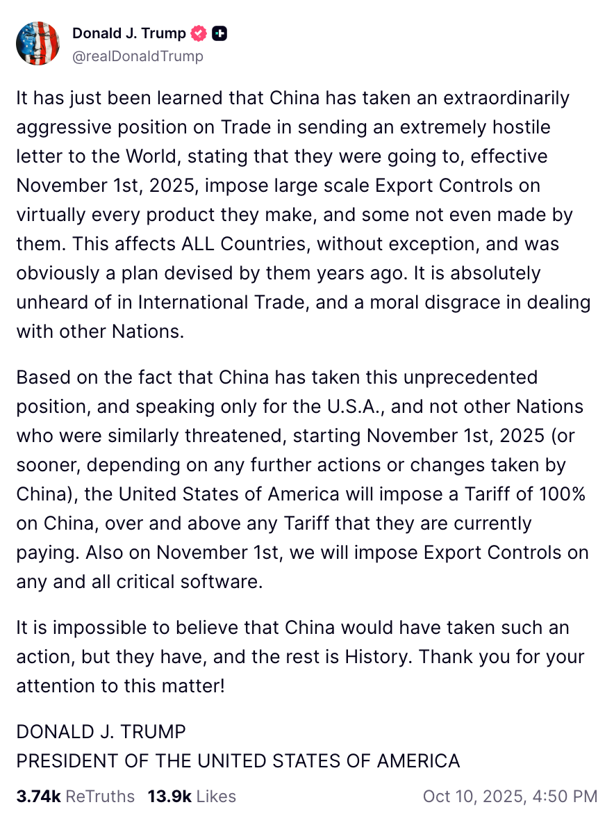 Trump 100% Tariff Announcement Truth Social. Source: Donald J. Trump on Truth Social