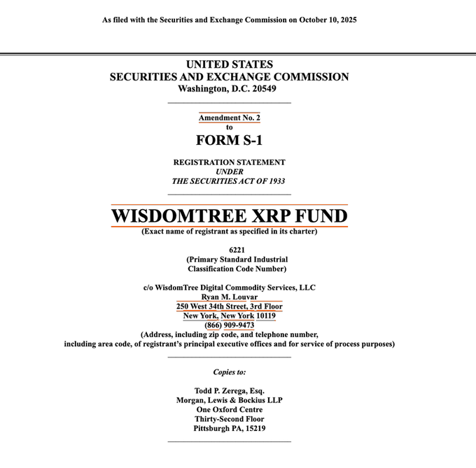 WisdomTree XRP Fund S1 Amendment. Source: U.S. SEC EDGAR