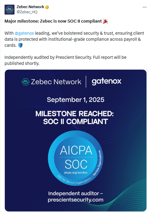 Zebec SOC II Compliance. Source: X Zebec Network