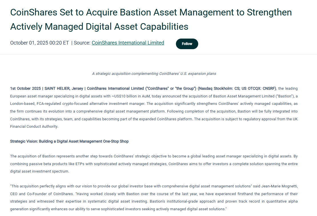 CoinShares Set to Acquire Bastion Asset Management to Strengthen Actively Managed Digital Asset CapabilitiesSource: CoinShares International Limited