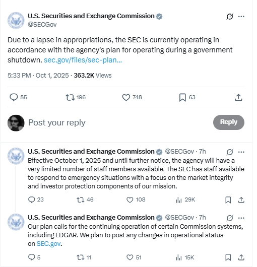SEC Shutdown Notice. Source: U.S. Securities and Exchange Commission (X)