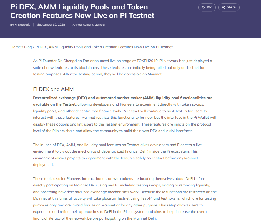 Pi DEX AMM Liquidity Pools and Token Creation Features Now Live on Pi Testnet. Source: Pi Network Blog