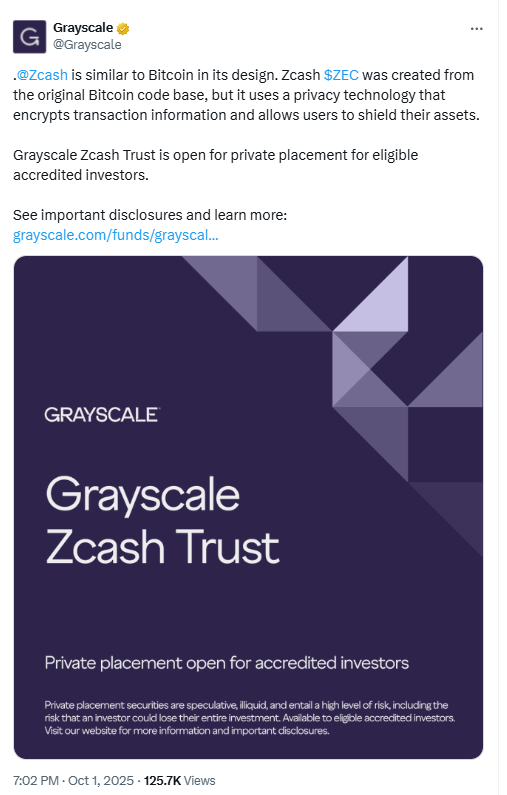 Grayscale Zcash Trust Private Placement AnnouncementSource: Grayscale official account on X (@Grayscale)