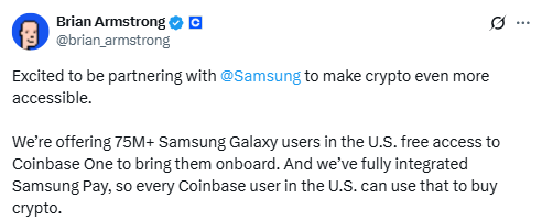 Brian Armstrong Samsung Coinbase Update. Source: X