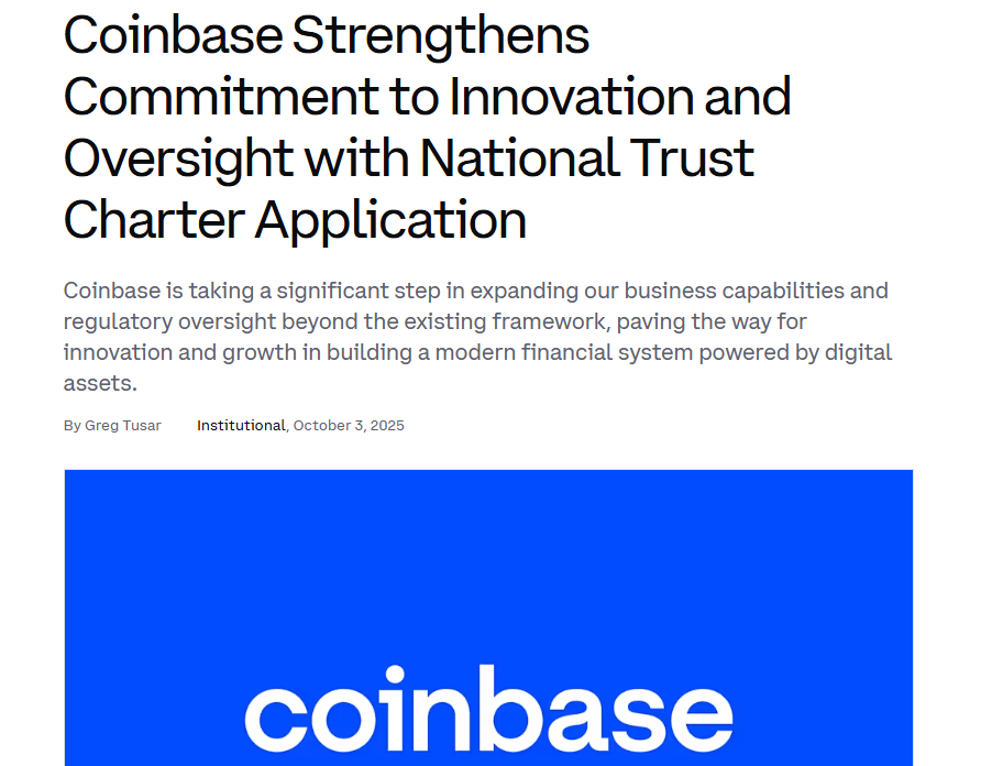 Coinbase National Trust Charter ApplicationSource: Coinbase Blog