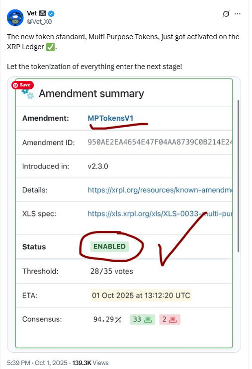 XRP Ledger MPTokensV1 Enabled. Source: Vet on X