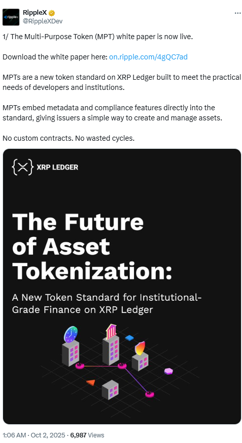 MPT White Paper Live on XRP Ledger. Source: RippleX on X