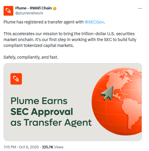 Plume SEC Transfer Agent. Source: Plume Network on X