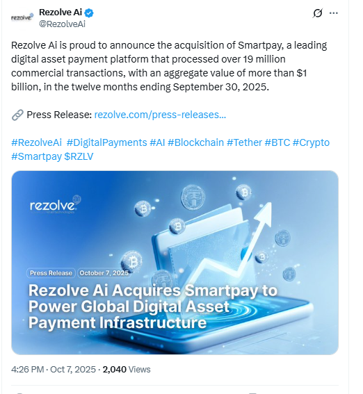 Rezolve AI Acquires Smartpay Announcement Post. Source: X (@RezolveAi)