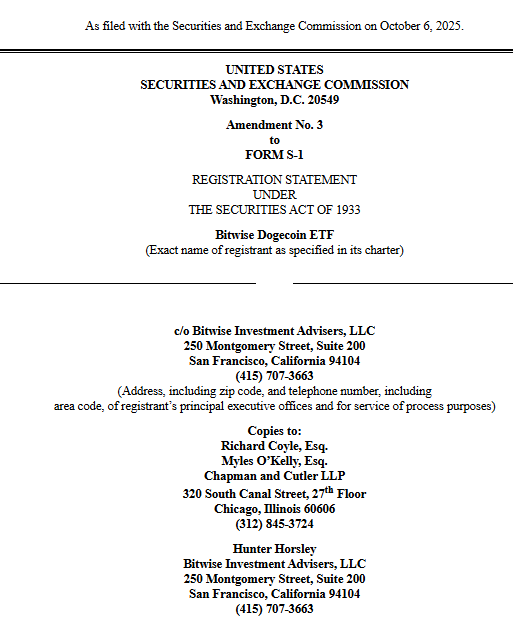 Bitwise Dogecoin ETF S1 Amendment. Source: SEC EDGAR