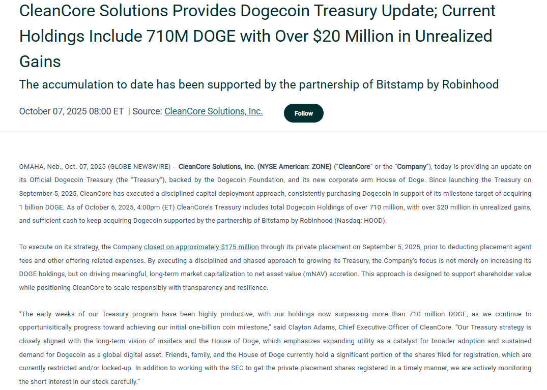 CleanCore 710M DOGE Treasury Update. Source: CleanCore Solutions
