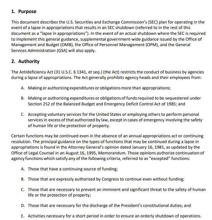 SEC Lapse in Appropriations Plan (Shutdown Guidance). Source: U.S. Securities and Exchange Commission