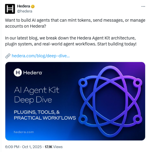 Hedera AI Agent Kit Deep Dive. Source: Hedera (X)