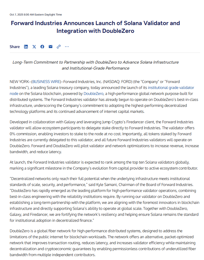 Forward Industries Solana Validator. Source: Business Wire