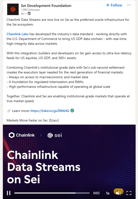 Chainlink Data Streams on Sei. Source: Sei Development Foundation (LinkedIn)