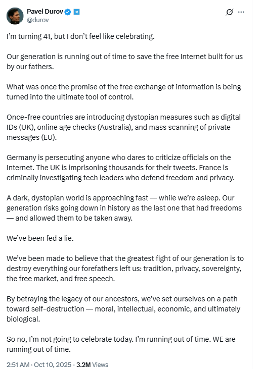 Pavel Durov Free Internet Warning. Source: Pavel Durov on X
