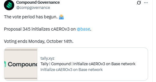 Compound Governance Proposal 345 on Base. Source: Compound Governance (X)