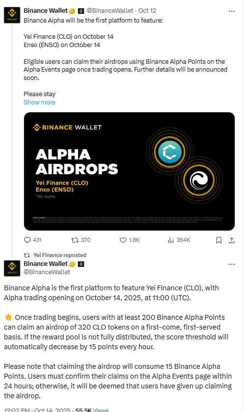 Yei Finance CLO Alpha Airdrop. Source: Binance Wallet (X)
