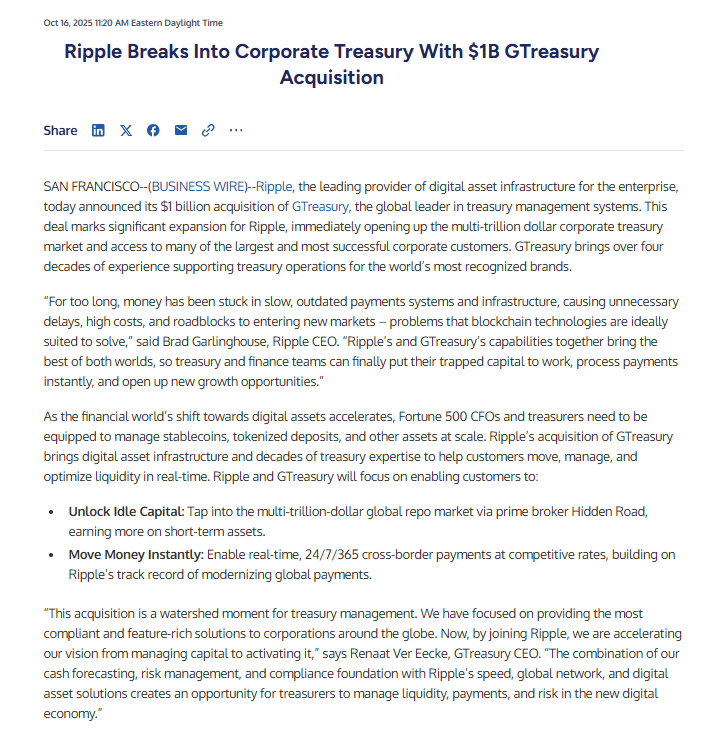 Ripple GTreasury $1B Acquisition. Source: Business Wire