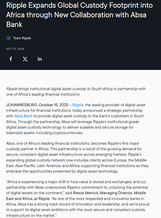 Ripple Absa Custody Partnership. Source: Ripple