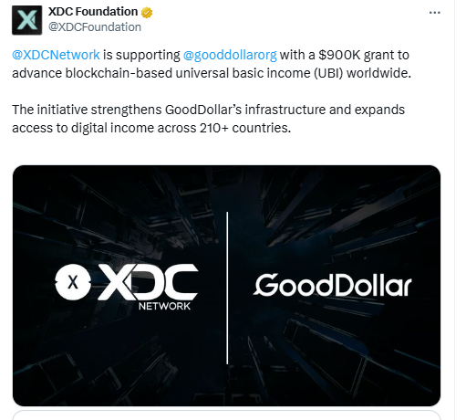 XDC GoodDollar UBI Grant. Source: XDC Foundation