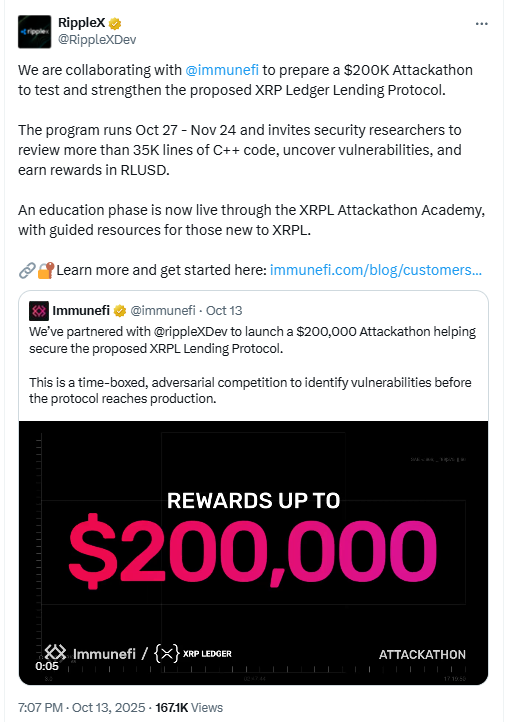 RippleX Immunefi XRPL Lending Attackathon. Source: RippleX on X