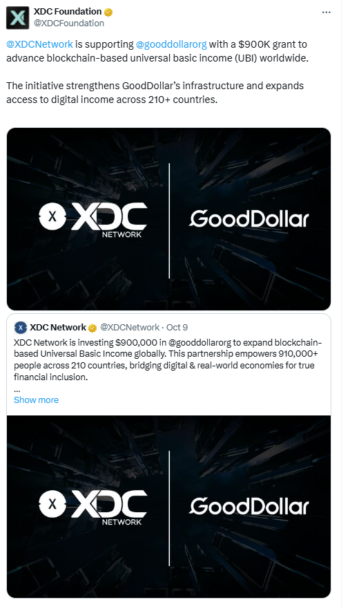 XDC GoodDollar UBI Grant. Source: XDC Foundation on X