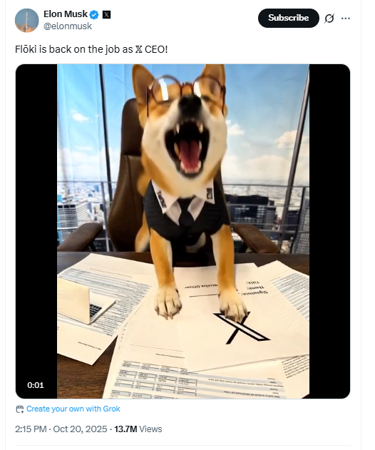 Floki as X CEO. Source: Elon Musk on X
