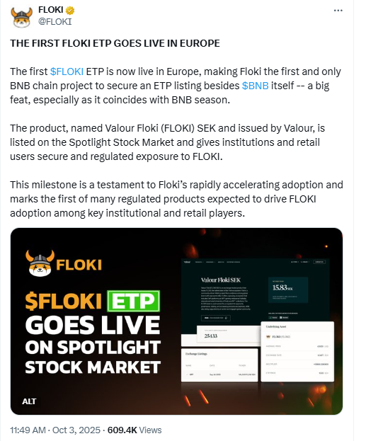 First Floki ETP Goes Live in Europe. Source: Floki on X
