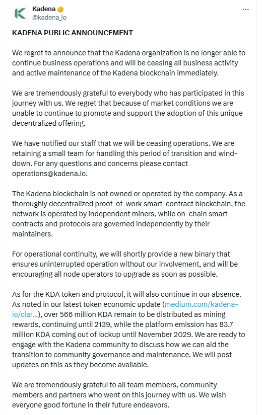 Kadena Organization Shutdown Notice. Source: Kadena on X