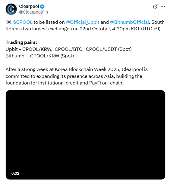 CPOOL Upbit Bithumb Listing. Source: Clearpool on X