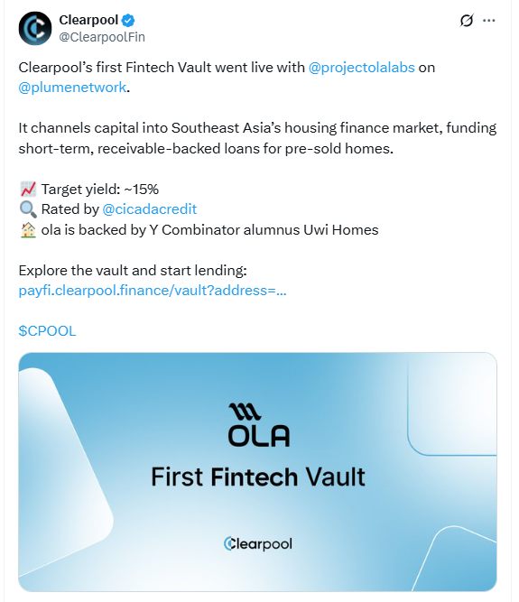 OLA First Fintech Vault. Source: Clearpool on X