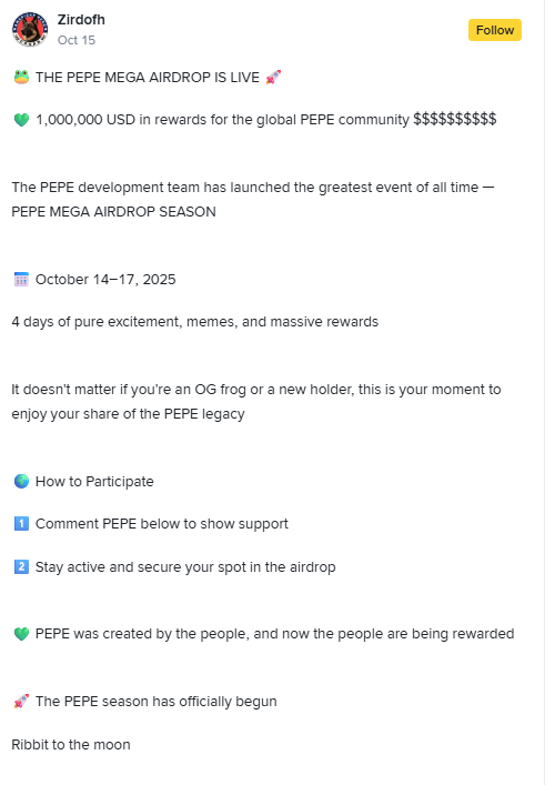 PEPE Mega Airdrop Season. Source: Binance Square