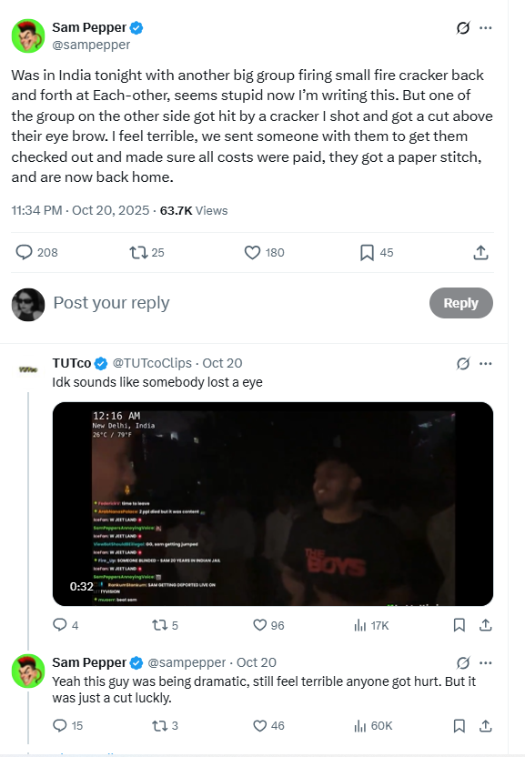 Sam Pepper Firecracker Incident Tweets. Source: X