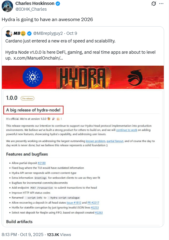 Charles Hoskinson on Hydra v1.0.0. Source: X