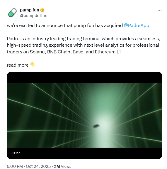 Pump.fun Padre Acquisition. Source: X (pumpdotfun)