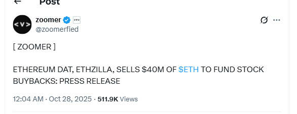 ETHZilla $40M ETH Sale Announcement. Source: Zoomer (@zoomerfied)