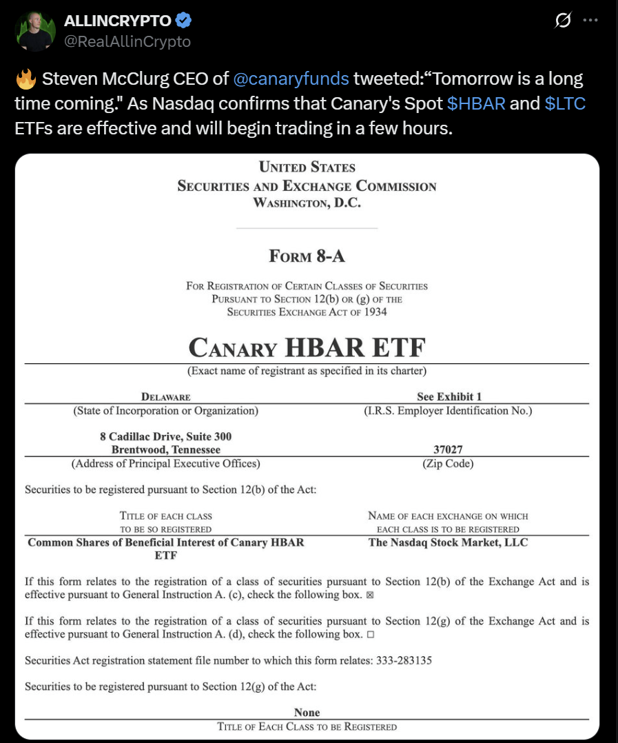 Hedera Hashgraph spot ETF listing.