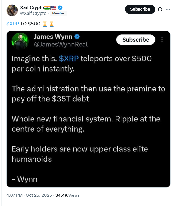 James Wynn XRP $500 TweetSource: X (formerly Twitter) via @Xaif_Crypto