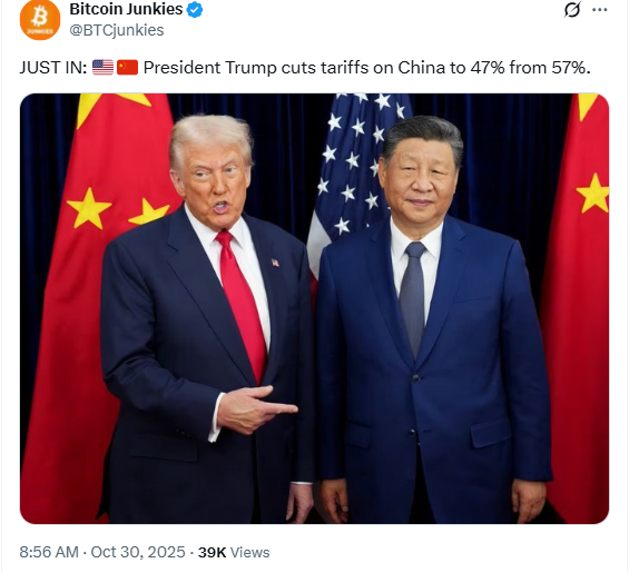 Trump Cuts Tariffs to 47 Percent After Busan Talks. Source: Bitcoin Junkies X