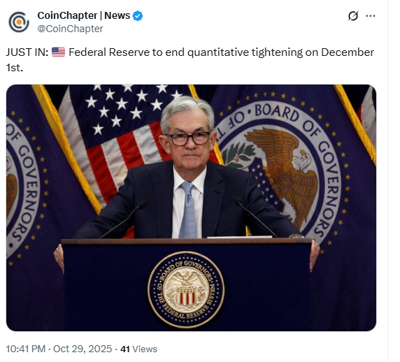 Federal Reserve to End Quantitative Tightening on December 1. Source: CoinChapter X