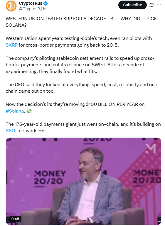 Western Union Picks Solana After Years of XRP TestingSource: CryptosRus on X (@CryptosR_Us)