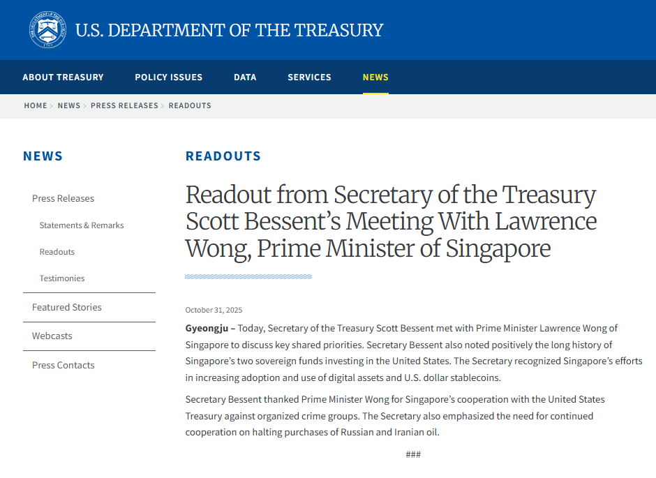Scott Bessent Praises Singapore’s Digital Asset Adoption at APEC 2025
Source: U.S. Department of the Treasury