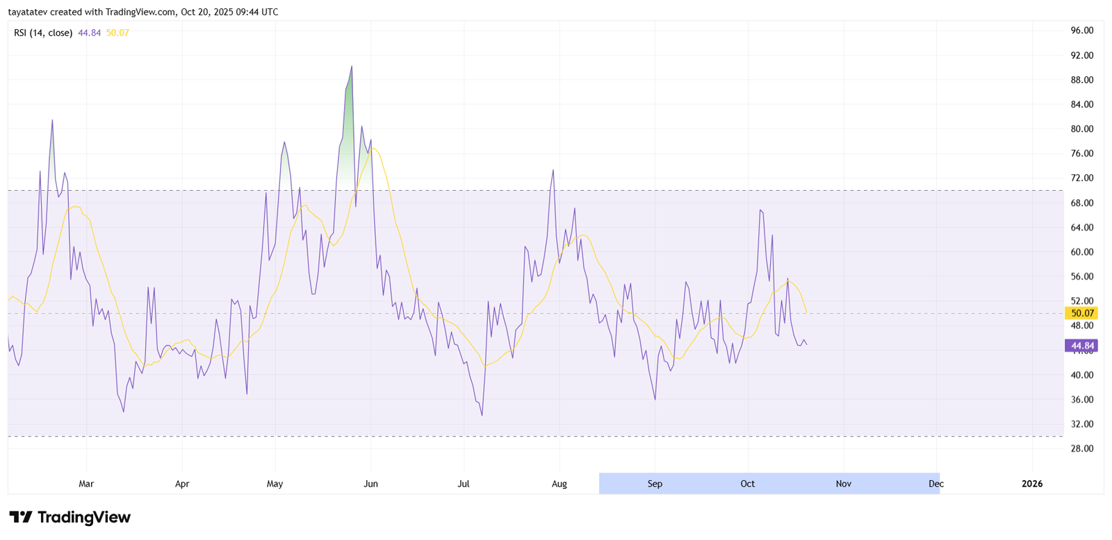 RSI (14) — ZBCN/USDT Daily. Source: TradingView