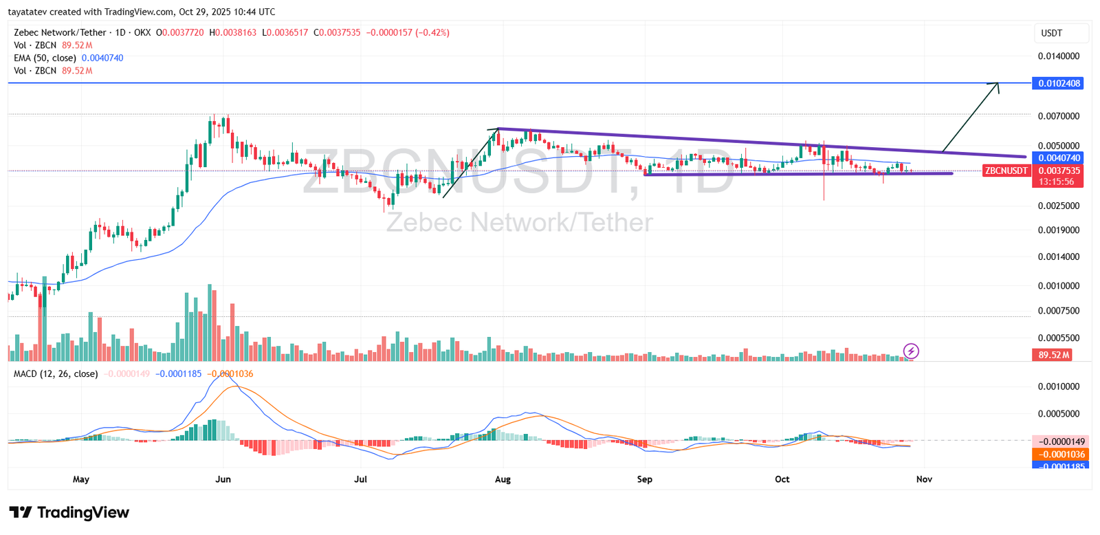 Zebec ZBCNUSDT Daily Bullish Pennant. Source: TradingView