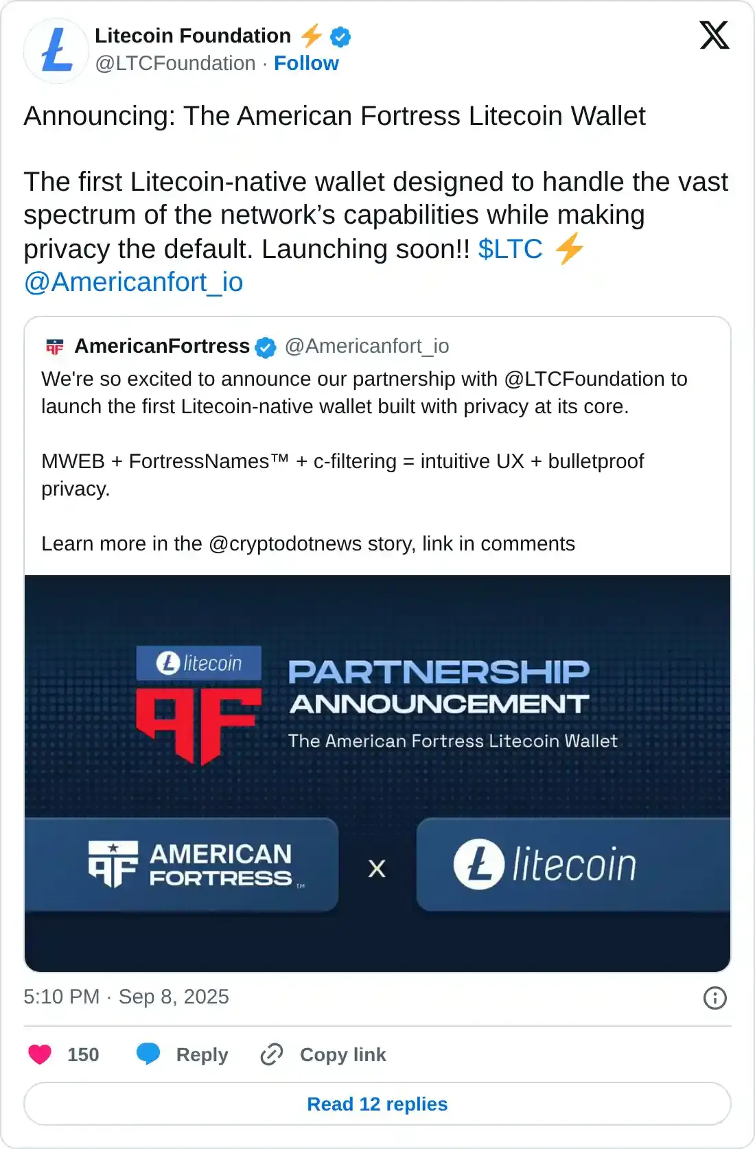 American Fortress Litecoin Wallet Announcement. Source: Litecoin Foundation on X