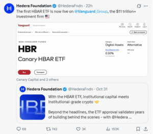 HBAR ETF live on Vanguard