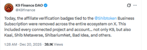 K9 Finance Explains Shiba Inu Affiliate Badge Removal